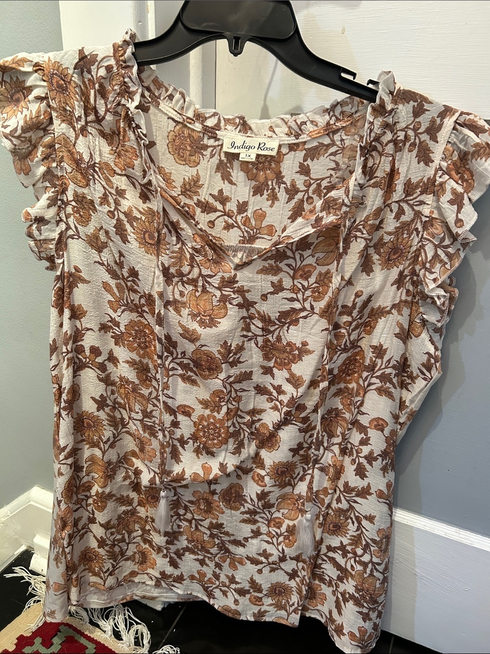 Indigo Rose Cream Floral Ruffle Sleeve Blouse